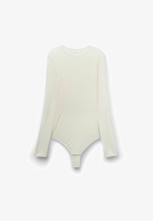 Langärmliger Body in hellem Creme, aus weichem Stoff mit Rundhalsausschnitt und Druckknopfverschluss im Schritt für ein einfaches An- und Ausziehen.