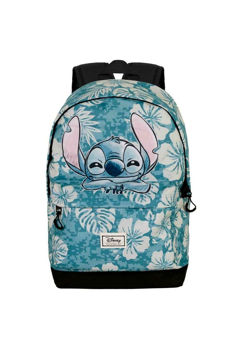 Mochila de Disney con un patrón floral azul claro y diseño de personaje de dibujos animados, base negra y tirantes ajustables.