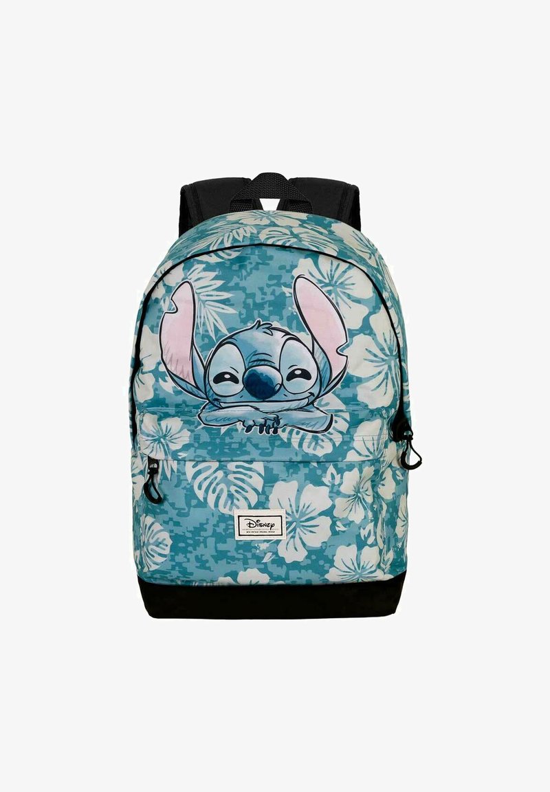 Mochila de Disney con un patrón floral azul claro y diseño de personaje de dibujos animados, base negra y tirantes ajustables.