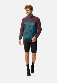 Giacca leggera da uomo in teal e bordeaux, con zip completa, colletto alto e tessuto impermeabile. Presenta polsini elasticizzati e una vestibilità slim.