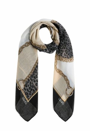 Seidenschal mit grafischem Design in Leopardenmuster, goldenen Kettenakzenten und einer Farbauswahl aus Beige, Schwarz und Off-White.