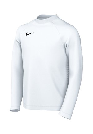 Hvid langærmet sportstrøje med rund halsudskæring og lille sort Nike-logo på venstre bryst, vist på en ensfarvet baggrund.