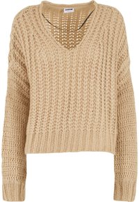 Beige chunky knit sweater with V-neck, long sleeves, and textured ribbed pattern, made from thick yarn.