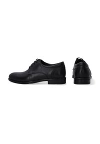 Schwarze Leder schnürschuhe mit runder Zehenform, schnürdesign, glatter Textur, minimaler Naht und niedrigem Absatz.