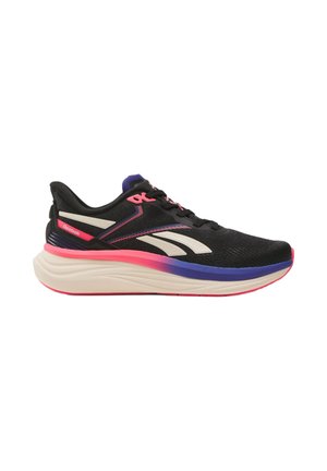Scarpa da corsa Reebok nera e rosa con logo bianco, suola spessa bianca e dettaglio sfumato blu e rosa sulla suola intermedia.