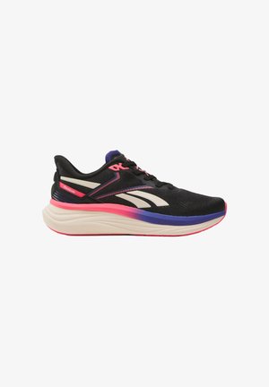 Schwarzer und rosa Reebok Laufschuh mit weißem Logo, dicker weißer Sohle und blau-rosa Farbverlauf auf der Zwischensohle.