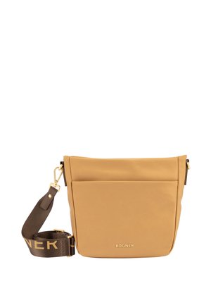 Borsa a spalla rettangolare color tan con tasca frontale, tracolla regolabile marrone scuro con dettagli dorati e marchio "BOGNER" sulla parte anteriore e sulla tracolla.