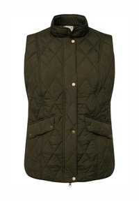Steppweste in Dunkelgrün ohne Ärmel mit Stehkragen, Knopfverschluss vorne, Reißverschluss und zwei vorderen Klappen Taschen mit Druckknopfverschlüssen.