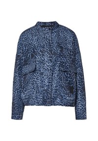 Blue leopard print jacket with a bomber style, featuring two front pockets, a stand collar, and a button closure. Smooth texture.