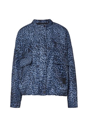 Blaue Leopardenmuster-Jacke im Bomberstil, mit zwei Vorder pockets, einem Stehkragen und einem Knopfverschluss. Glatte Textur.