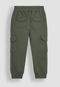 Groene katoenen joggers met een elastische tailleband, twee cargozakken en twee achterzakken; gestructureerde afwerking en aangesloten boorden bij de enkels.
