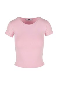 Kurzärmliges, eng anliegendes T-Shirt in Hellrosa. Hergestellt aus dehnbarem Stoff mit rundem Halsausschnitt und glatter Textur.