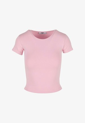 Tricou cu mânecă scurtă, ajustat, de culoare roz deschis. Fabricat dintr-un material elastic, cu guler rotund și textură netedă.