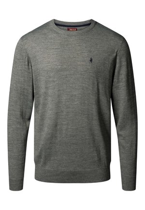 Herres langærmede grå crewneck sweater med ribstrikkede manchetter, kant og et lille mørkt logo broderet på venstre bryst.