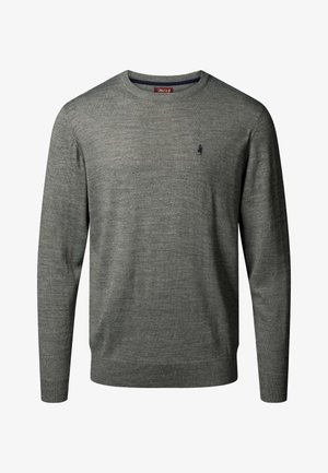 Herres langærmede grå crewneck sweater med ribstrikkede manchetter, kant og et lille mørkt logo broderet på venstre bryst.