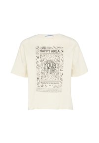 Crème kleurig katoenen t-shirt met een grafische print met tekst en bloemmotieven. Korte mouwen en een relaxed fit maken het ontwerp compleet.