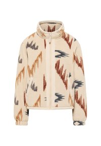 Fleecejacke in Beige mit einem Zickzackmuster in Braun, Orange und Blau. Verfügt über einen hohen Kragen, einen Reißverschluss vorne und elastische Bündchen.