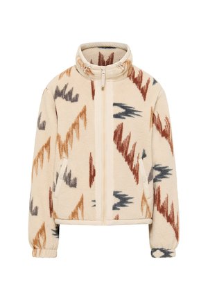 Fleece jacket in beige with a zigzag pattern in brown, orange, and blue. Features a high collar, front zipper, and elastic cuffs.