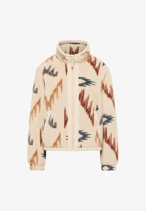 Fleecejacke in Beige mit einem Zickzackmuster in Braun, Orange und Blau. Verfügt über einen hohen Kragen, einen Reißverschluss vorne und elastische Bündchen.