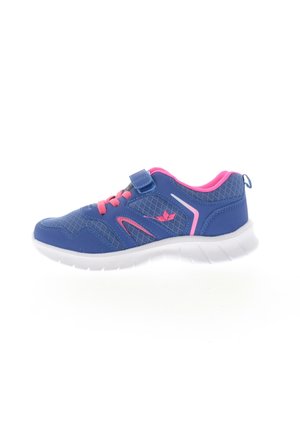 Blue athletic shoe with a mesh upper, pink accents, and a Velcro strap. Features a white rubber sole with textured tread for grip.