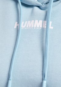 Lyseblå hættetrøje med hvidt "HUMMEL" logo foran og matchende snore.