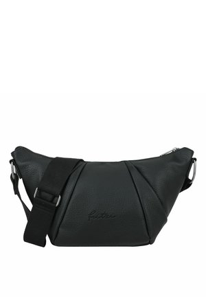 Schwarze, strukturierte Leder-Umhängetasche mit verstellbarem schwarzem Stoffriemen und Reißverschluss an der Oberseite, geprägter Markenname auf der Vorderseite in der Mitte.