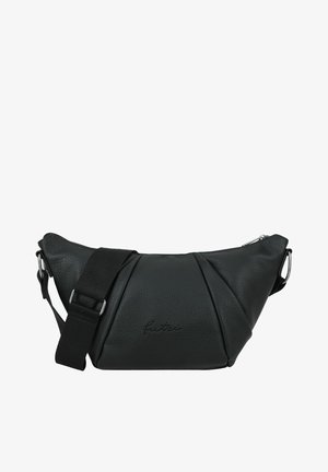 Bolso bandolera negro de cuero texturizado con correa ajustable de tela negra y cierre superior con cremallera, nombre de la marca grabado en relieve en el centro frontal.
