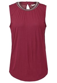 Top sans manches bourgogne avec un col rond, présentant des coutures décoratives autour du col et un petit détail en forme de clé à l'arrière.