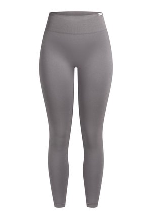 Graue Leggings mit hoher Taille aus glattem, dehnbarem Material. Sie verfügen über eine glatte Textur und ein figurbetontes Design ohne Muster oder Verzierungen.