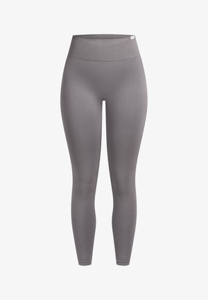 Graue Leggings mit hoher Taille aus glattem, dehnbarem Material. Sie verfügen über eine glatte Textur und ein figurbetontes Design ohne Muster oder Verzierungen.