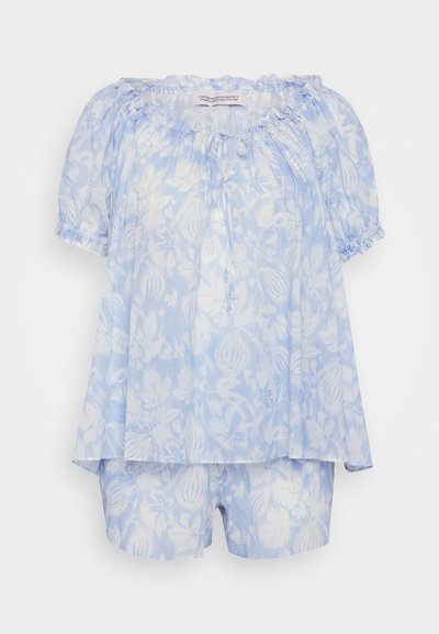 Light blue off-shoulder top with floral pattern and short sleeves, featuring a gathered neckline and matching shorts. Made of lightweight fabric.