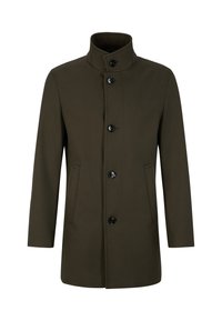 Olijfgroene coat met een hoge kraag, voorzien van zes knopen aan de voorkant, twee zijzakken en een gestructureerd stofontwerp.
