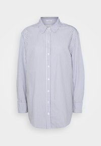 Gestreifte, hellblaue und weiße Button-Down-Hemd. Aus einem Stoff mit glatter Textur gefertigt. Verfügt über einen klassischen Kragen und lange Ärmel.