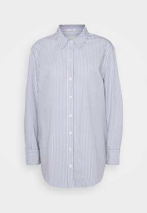 Striped button-up shirt in light blue and white. Made of fabric with a smooth texture. Features a classic collar and long sleeves.