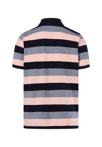 Gestreiftes Poloshirt in Marineblau, Hellgrau und Blassrosa. Kurze Ärmel und klassischer Kragen. Mit breiten horizontalen Streifen und weichem Material.