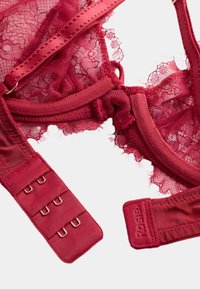 Roter Spitzen-Bralette aus weichem Netzmaterial, mit gezackten Kanten, verstellbaren Trägern, Haken-und-Ösen-Verschluss und einem markierten Banddetail.