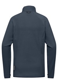 Giacca in pile di un navy scuro con colletto alto, maniche lunghe e superficie testurizzata. Include un piccolo logo sull'angolo in basso a sinistra.