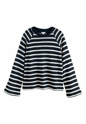 Gestreifter Pullover in Marineblau und Weiß mit langen Ärmeln, Rundhalsausschnitt und Raglanärmeln. Weiches Material mit lockerer Passform und geripptem Saum.