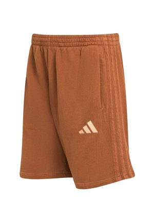 Pantaloni sportivi marroni realizzati in un tessuto morbido, con una cintura elasticizzata, tasche laterali e tre strisce bianche sui lati.