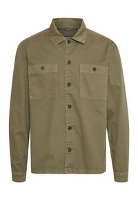 Olive green, long-sleeve shirt with a button-down front, two chest pockets, and black buttons. Made of durable fabric with a smooth texture.