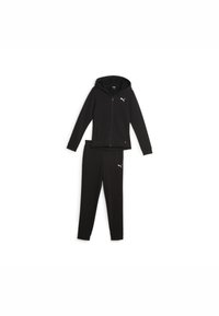 Tuta sportiva nera caratterizzata da una felpa con zip e tasca frontale, e pantaloni abbinati dal design aderente con sottili dettagli del logo.