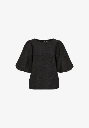 Melna teksturēta blūze ar pūkainām īsām piedurknēm, apaļu kakla izgriezumu un atvēršanu aizmugurē ar atslēgas caurumu. Tonēts, nevienmērīgs raksts visā audumā.