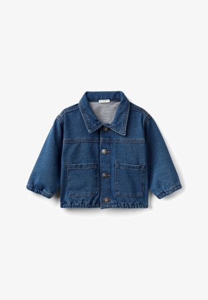 Veste en jean bleu pour tout-petit avec manches longues, quatre boutons sur le devant, deux poches avant, col et poignets et ourlet élastiqués.