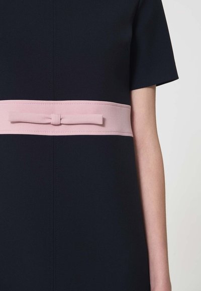 Robe noire à manches courtes avec une large ceinture rose ornée d'un petit nœud à la taille, vue de l'épaule aux hanches.