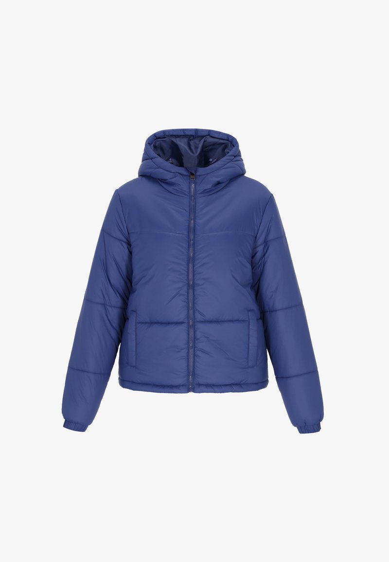 Bunda typu puffer v tmavě modré barvě, s předním zipem, kapucí a dvěma bočními kapsami. Hladký povrch s prošívanými detaily na těle.