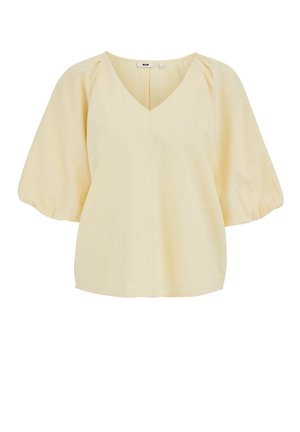 Lichtgele blouse met V-hals, gebloemde mouwen tot op de elleboog en een losse, licht uitlopende pasvorm.