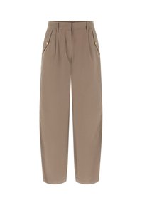 Beige wijde broek met plooien aan de voorkant, twee zijzakken en knoopdetails aan de zakranden. Zachte stof en een getailleerd ontwerp.