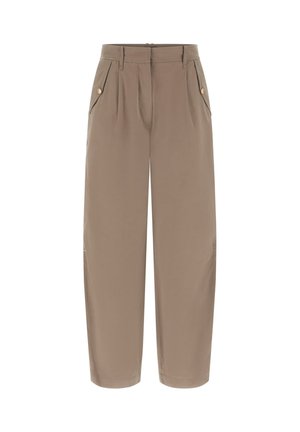 Beżowe spodnie o szerokich nogawkach z przodu z zakładkami, dwoma bocznymi kieszeniami oraz guzikami na krawędziach kieszeni. Miękki materiał i dopasowany krój.