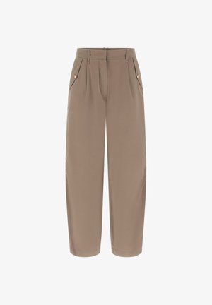 Beżowe spodnie o szerokich nogawkach z przodu z zakładkami, dwoma bocznymi kieszeniami oraz guzikami na krawędziach kieszeni. Miękki materiał i dopasowany krój.