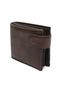 Brown leather wallet with a fold-over design, featuring a textured finish and a secure snap closure. Multiple card slots visible.